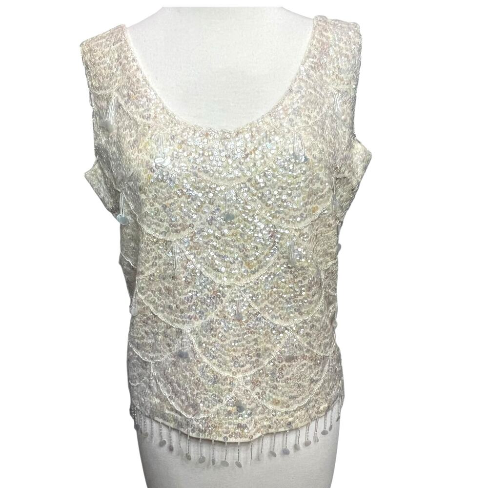 Vintage‎ 60s Beaded Tank Top M Cream Sequin Iridescent Fringe Mod Party Elegant
